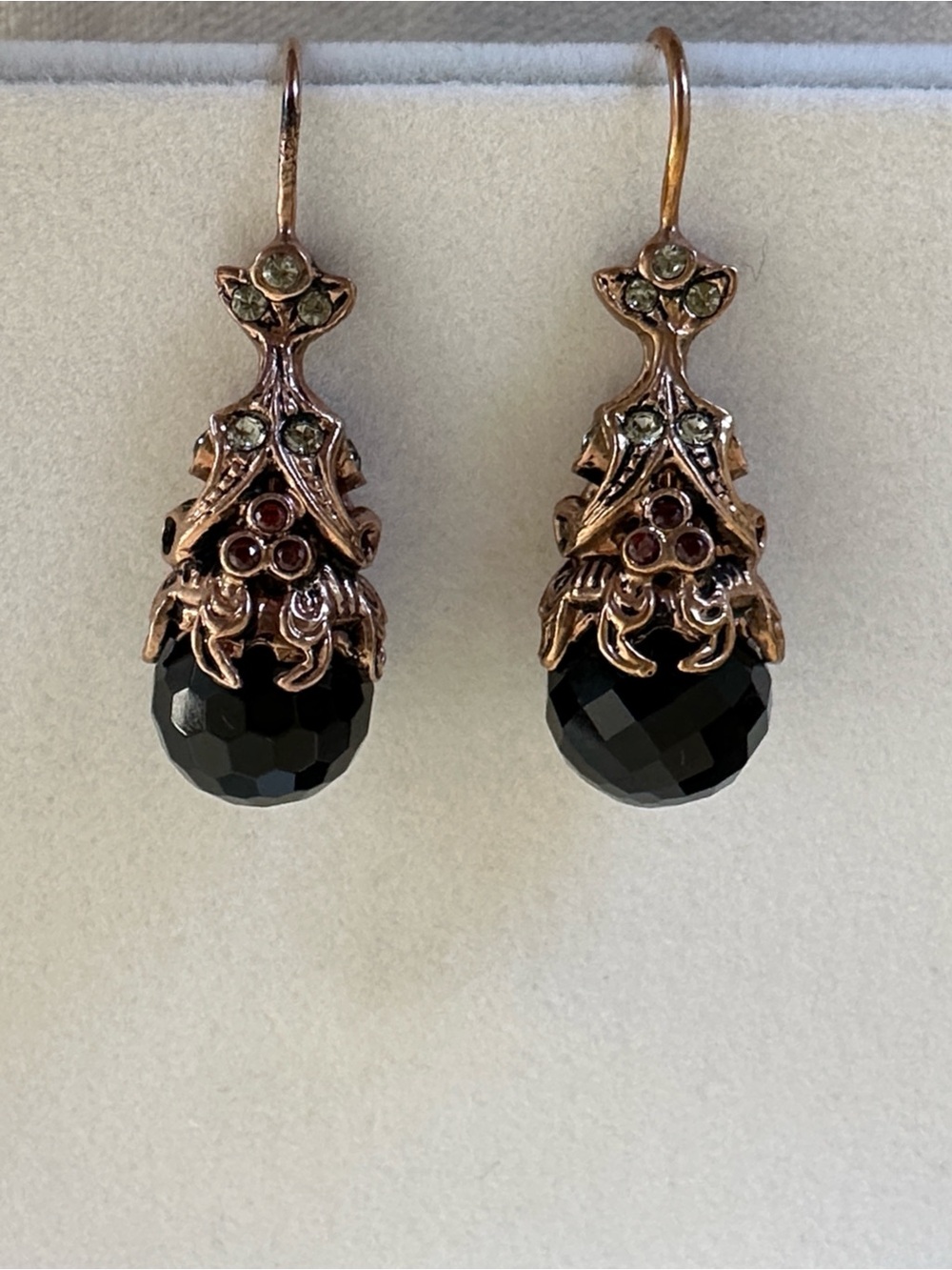 Vintage-Style Black Drop Earrings with Rose Gold Filigree